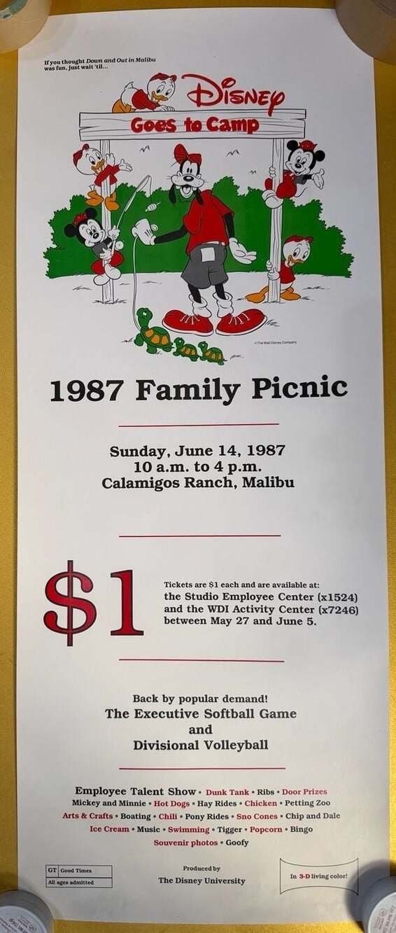 Vintage 1987 Disney Employee Family Picnic Event Poster WDI